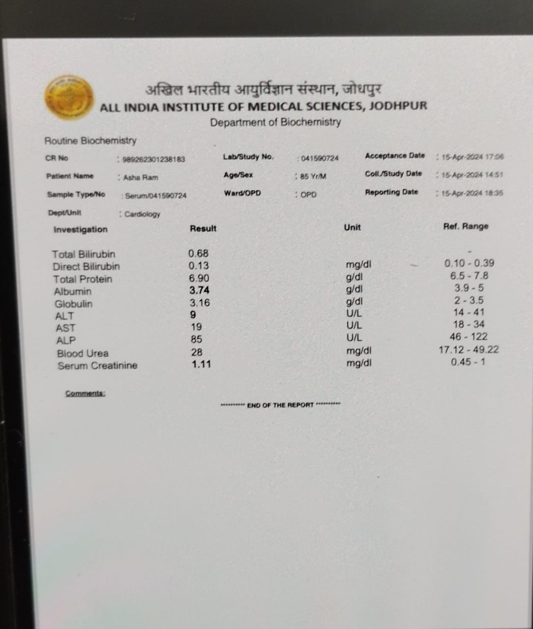 AIIMS Report — Biochemistry